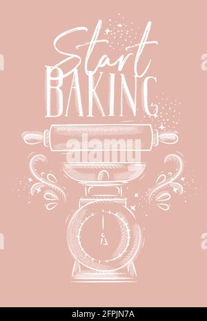 Affiche avec équipement de pâtisserie illustré lettrage commencer à cuire à la main style de dessin sur fond rose. Illustration de Vecteur
