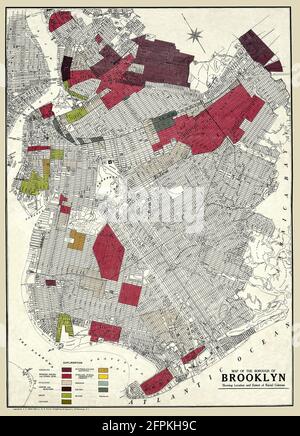 Titre original: 'map du Borough de Brooklyn montrant l'emplacement des colonies raciales.' Il s'agit d'une reproduction améliorée et restaurée d'une carte spéciale de Brooklyn, NY, montrant les lieux des populations raciales publié en 1920. À l'origine, la carte était le produit de la crainte que certains groupes 'non assimilés' puissent avoir des sympathies sédimentaires ('la peur rouge') au moment de la révolution bolchevique en Russie . [Voir aussi une carte similaire de Manhattan]. Cette carte était une édition commerciale basée sur des cartes du gouvernement de l'État produites par le Comité législatif mixte de l'État de New York pour enquêter sur les activités sédimentaires. Banque D'Images