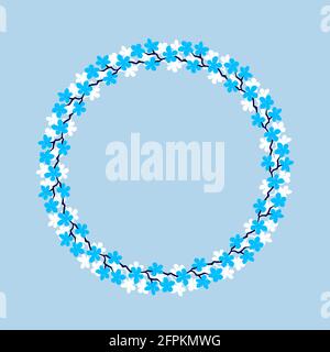 Couronne de fleurs colorées. Couronne délicate de branches de sakura. Fleurs fleuries dessinées à la main, cadre circulaire de fleurs de couleur cyan et blanche. Conception pour inv Banque D'Images