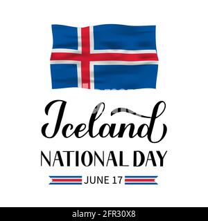 Lettre de la fête nationale de l'Islande à la main avec drapeau isolé sur blanc. Fête islandaise célébrée le 17 juin. Modèle vectoriel pour la typographie p Illustration de Vecteur