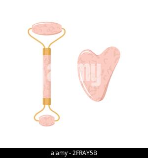 Grattoir Gua sha et rouleau de jade pour le massage du visage. Collection de différentes formes de pierres de quartz rose naturel. Concept de soins de la peau. Illustration vectorielle Illustration de Vecteur