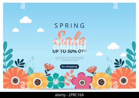 Bannière de soldes de printemps Hello avec fleur. Bannière de vente. Illustration vectorielle. Dessiné à la main. Banque D'Images
