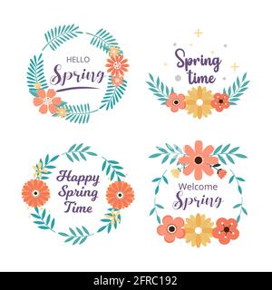 Collection d'étiquettes et d'insignes de printemps. Bonjour printemps. Carte de vœux. Illustration vectorielle. Dessiné à la main. Conception plate. Banque D'Images