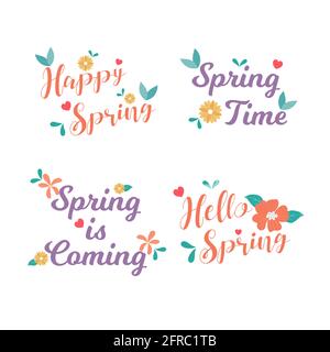 Collection de badges et d'étiquettes « Happy Spring ». Bonjour printemps. Carte de vœux. Dessiné à la main. Illustration vectorielle. Conception plate. Banque D'Images