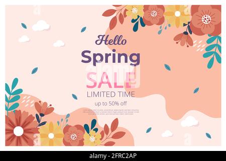 Bannière de soldes de printemps Hello avec fleur. Bannière de vente. Illustration vectorielle. Dessiné à la main. Banque D'Images