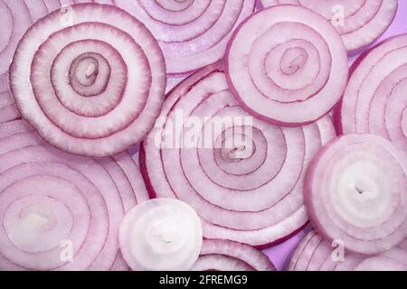 Rondelles d'oignon rouge, gros plan de tranches d'oignon rouge Banque D'Images