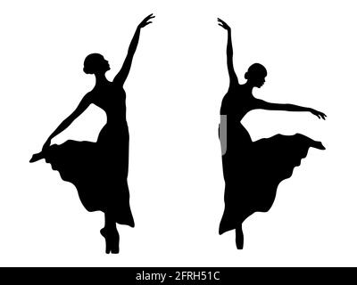 Abstrait élégant danseur de femmes en robe longue, silhouettes noir stencil, dessin à la main illustration vectorielle Illustration de Vecteur