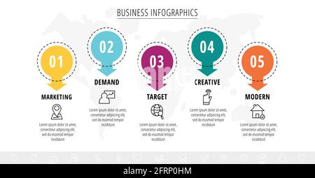 Infographies vectorielles ou chronogramme cinq cartes de cercles reliées par des flèches. Concept commercial de 5 étapes. Modèle de conception pour organigramme, contenu, niveaux Illustration de Vecteur