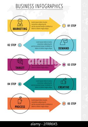 Modèle d'infographies de ligne vectorielle pour cinq flèches et cercles colorés. Concept d'entreprise avec 5 éléments et icônes. Espace vierge moderne pour le graphique Illustration de Vecteur