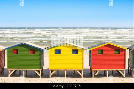 Cabanes de plage multicolores à St James et Muizenberg bord de mer à proximité Simon Town - côte Atlantique du pacifique près de Cape Town in Afrique du Sud Banque D'Images