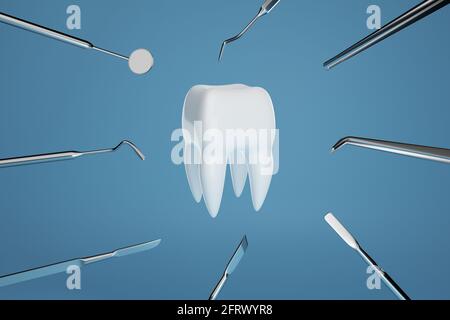 Image d'une dent sur fond bleu avec les outils d'un dentiste. Rendu 3D. Banque D'Images