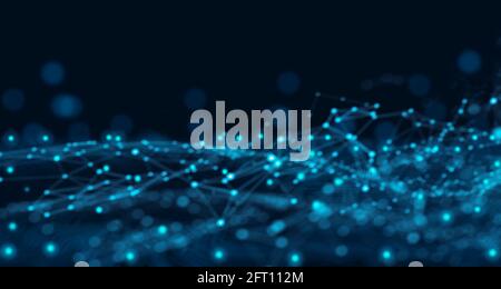Arrière-plan futuriste bleu abstrait. Structure de connexion réseau et onde de particules en forme de poly faible. Arrière-plan abstrait polygone. Rendu 3D. Banque D'Images