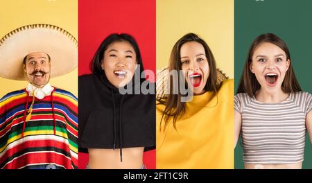 Collage de portraits d'une diversité ethnique isolée sur fond multicolore. Banque D'Images