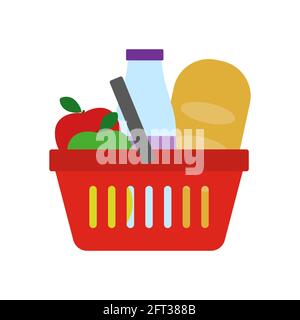 Panier d'épicerie. Panier en plastique rouge avec pain blanc, bouteille de lait et pommes. Isolé sur fond blanc. Illustration vectorielle plate. Illustration de Vecteur