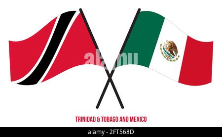 Les drapeaux de Trinité-et-Tobago et du Mexique sont croisés et ondulés de style plat. Proportion officielle. Illustration de Vecteur