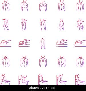 Problèmes de dos et de posture ensemble d'icônes de vecteur linéaire de gradient. Anomalies de la colonne vertébrale. Maintien d'un alignement naturel. Ensemble de symboles de contour de ligne mince. ISO Illustration de Vecteur