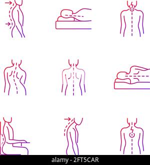 Problèmes de dos et de posture ensemble d'icônes de vecteur linéaire de gradient. Lordose lombaire. Position de veille incorrecte. Douleurs au cou. Ensemble de symboles de contour de ligne mince. Illustration de Vecteur