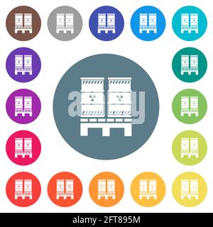 Palette avec des icônes blanches plates de déchets radioactifs sur fond rond de couleur. 17 couleurs d'arrière-plan sont incluses. Illustration de Vecteur
