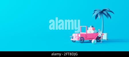 Voiture-jouet rose avec bagages sur fond bleu pastel. Idée de concept été minimaliste avec espace de copie 3D Render illustration 3D Banque D'Images