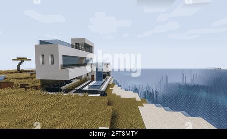 Minecraft Game – Mai 21 2021 : exemple de design moderne de la maison dans Minecraft Game 3D illustration. Éditorial Banque D'Images
