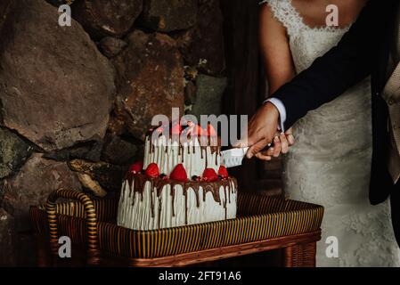 Gros plan de newlyweds couper le gâteau Banque D'Images