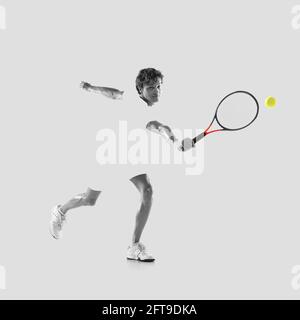 Collage artistique. Joueur professionnel de tennis masculin jouant isolé sur fond clair. Banque D'Images