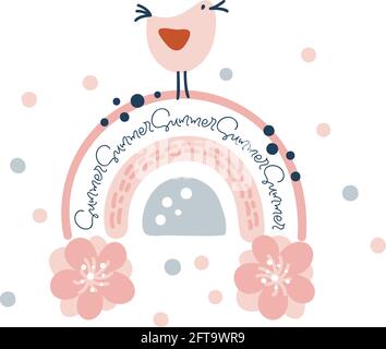Arc-en-ciel de printemps vectoriel avec bouquet de fleurs, points et oiseau au-dessus. Dessin animé à la main style scandinave été isolé sur fond blanc pour les enfants Illustration de Vecteur