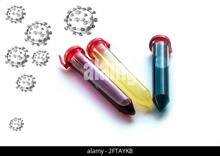 Trois tubes à essai avec liquide rouge, jaune et bleu sur fond blanc. La substance est semblable à un vaccin contre le virus. Images esquissantes de l'ordre de modification Banque D'Images