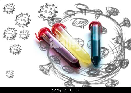 Trois tubes à essai avec liquide rouge, jaune et bleu sur fond blanc. La substance est semblable à un vaccin contre le virus. Images esquissantes de l'ordre de modification Banque D'Images