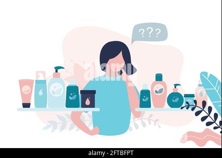 La femme ne sait pas quoi choisir parmi des cosmétiques écologiques. Divers produits biologiques sont sur les étagères. La fille pensive choisit le beaut naturel Illustration de Vecteur