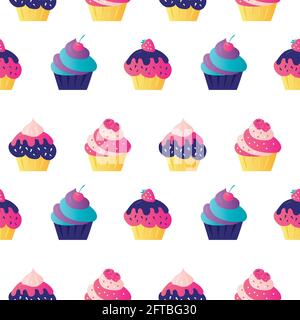 Motif sans couture avec divers petits gâteaux. Divers bonbons sur fond blanc. Confiserie avec baies et asperges décorées. Desserts, pâtisseries et Illustration de Vecteur