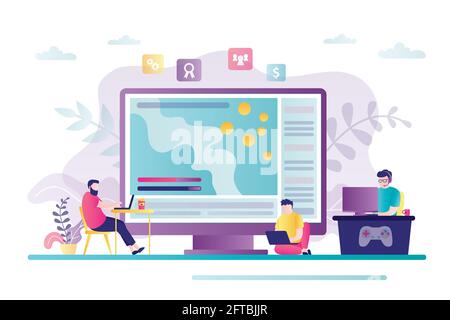 Flux de jeu sur l'écran du moniteur. Les spectateurs masculins regardent et commentent le processus du jeu. Diffusion de cybersport, contenus vidéo populaires, diffusion en direct Illustration de Vecteur