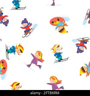 Le motif sans coutures pour les enfants est parfait pour les sports d'hiver. Temps d'hiver actif. Enfants avec ski, luge, patins. Texture drôle sur W Illustration de Vecteur