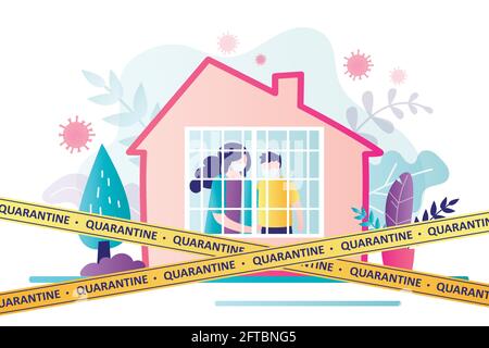 Maman et son fils s'assoient sur l'auto-isolement forcé. La maison est recouverte de rubans jaunes d'avertissement. Concept de coronavirus et de soins de santé. Famille séjournant à la maison. G Illustration de Vecteur