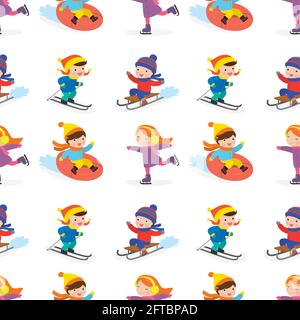 Le motif sans coutures pour les enfants est parfait pour les sports d'hiver. Temps d'hiver actif. Enfants avec ski, luge, patins. Texture drôle sur W Illustration de Vecteur