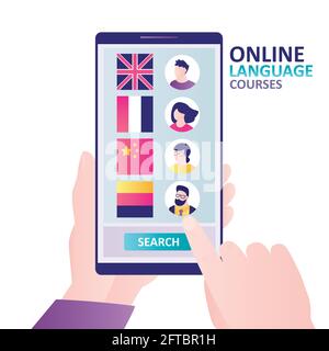 Main tient le téléphone mobile, en sélectionnant l'enseignant pour étudier la langue. Questionnaires à l'écran pour les enseignants de langues étrangères. Formation en ligne, cours et e-lear Illustration de Vecteur