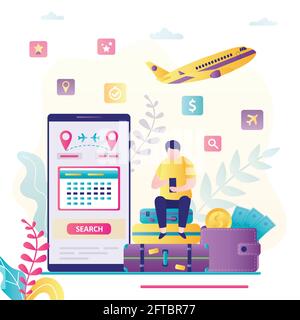 Homme réserver des billets en ligne via smartphone. Le personnage masculin est assis sur des bagages avec un gadget. Recherche de vols sur l'écran du téléphone portable. Concept de voyage, vaca Illustration de Vecteur