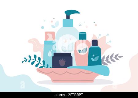 Coffret cadeau de cosmétiques biologiques pour femmes. Différents flacons, tubes et bocaux pour le soin de la peau. Cosmétiques pour femmes : gels, lotions et crèmes pour les soins du corps. Conce Illustration de Vecteur