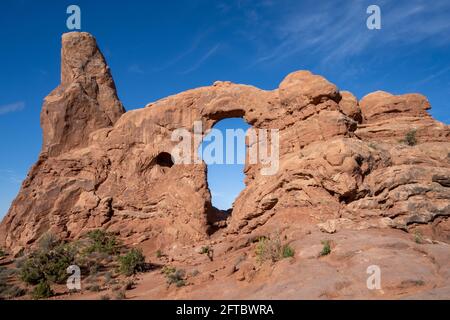 Arche de la tourelle dans le parc national d'Arches à la section des fenêtres, lumière tôt le matin et ciel bleu Banque D'Images