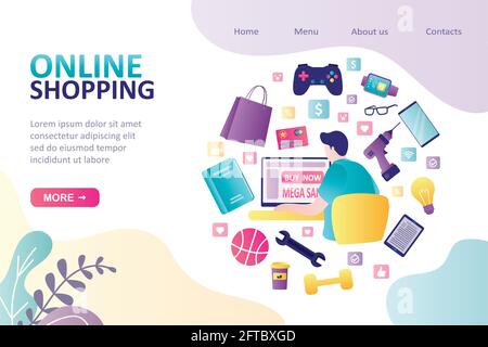 Modèle de page d'arrivée d'achat en ligne. Personnage masculin achetant des biens et des choses sur Internet. Paiement par carte de crédit. Achats à distance à la maison ou o Illustration de Vecteur