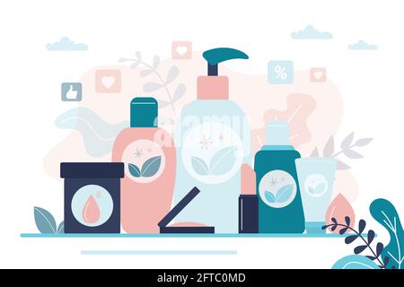 Composition avec cosmétiques organiques. Différents flacons, tubes et bocaux pour le soin de la peau. Ensemble de cosmétiques féminins: Gels, lotions et crèmes pour les soins du corps. Conc Illustration de Vecteur