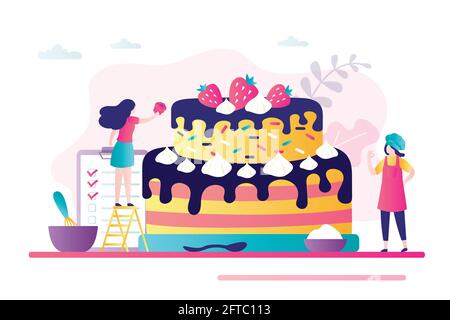 Chef pâtissier décoré de petits gâteaux. Personnages féminins engagés dans le secteur de la confiserie. Concept de la production de bonbons, outils de confiserie et Illustration de Vecteur