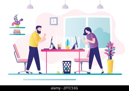 Deux hommes d'affaires en colère sont en conflit. Gestion du stress et des émotions au travail. Situation de conflit au bureau entre les employés. Intérieur de bureau, avec Illustration de Vecteur