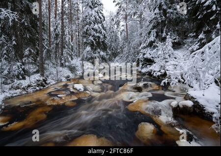 Rivière sauvage en suède photographiée en hiver avec une longue exposition Banque D'Images