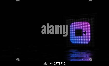 paroi lumineuse de rendu 3d avec des points bleus violets en forme de Icône de l'application appareil photo de style iOS sur fond noir avec réflexion sur sol mouillé Banque D'Images