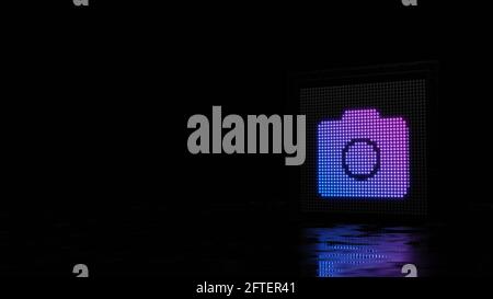 paroi lumineuse de rendu 3d avec des points bleus violets en forme de symbole de l'appareil photo sur fond noir avec réflexion du sol humide Banque D'Images