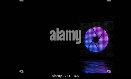 paroi lumineuse de rendu 3d avec des points bleus violets en forme de symbole de l'ouverture de l'appareil photo sur fond noir avec sol mouillé réflexion Banque D'Images