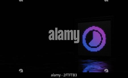 paroi lumineuse de rendu 3d avec des points bleus violets en forme de symbole de l'objectif de l'appareil photo sur fond noir avec sol mouillé réflexion Banque D'Images