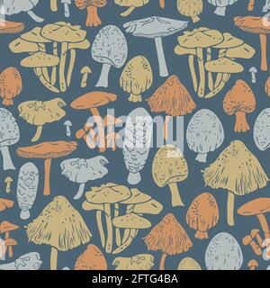 Motif vectoriel sans couture avec silhouettes de divers champignons. Couleurs naturelles champignons sur fond neutre. Illustration de Vecteur