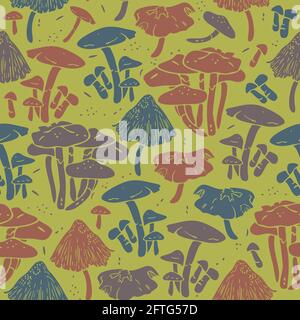 Motif vectoriel sans couture avec champignons sur fond vert jaune. Motif Motley Illustration de Vecteur